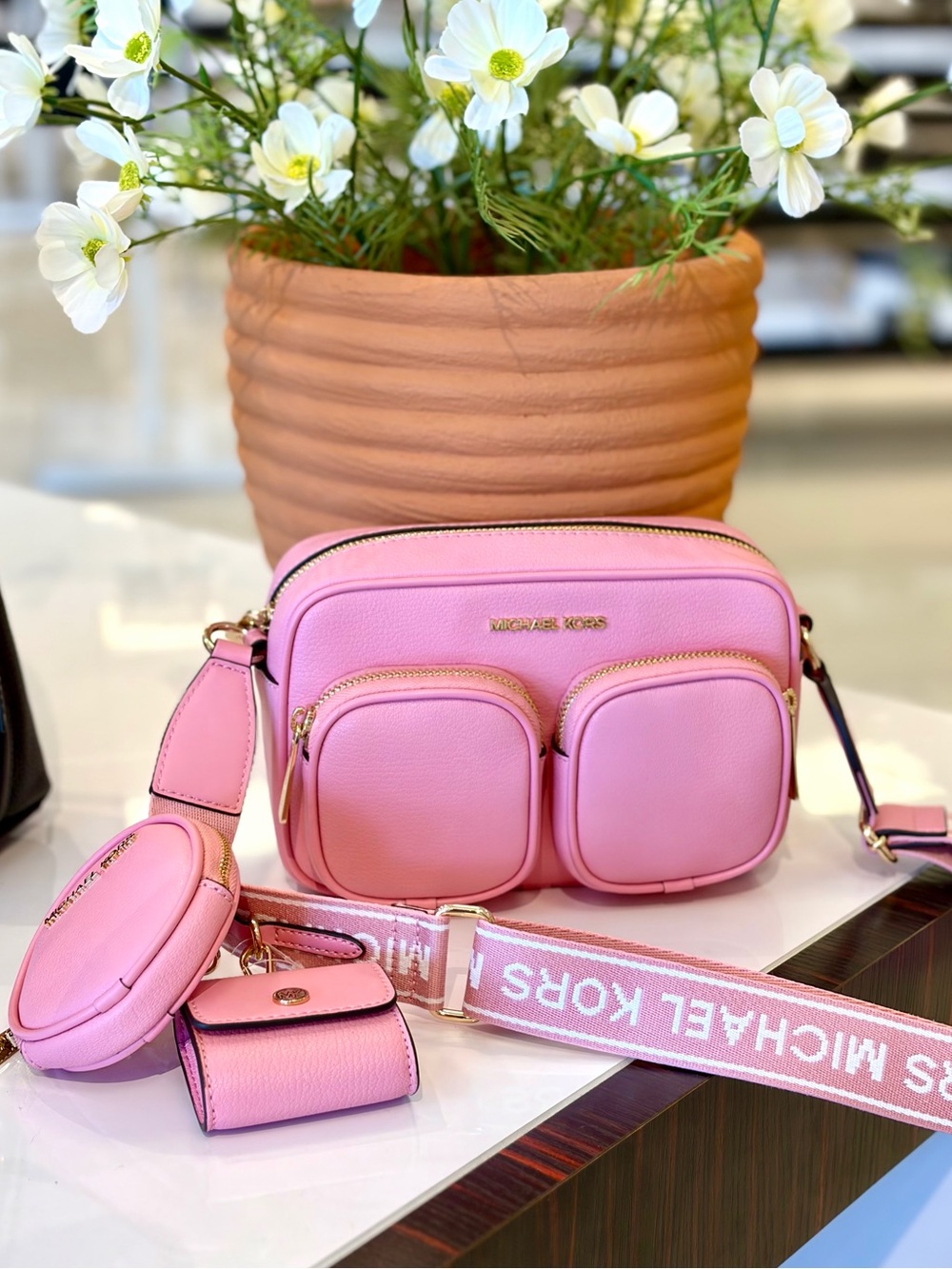 Michael Kors Pink Leather Crossbody Bag with Coin Case and Snap Pouch Carnation